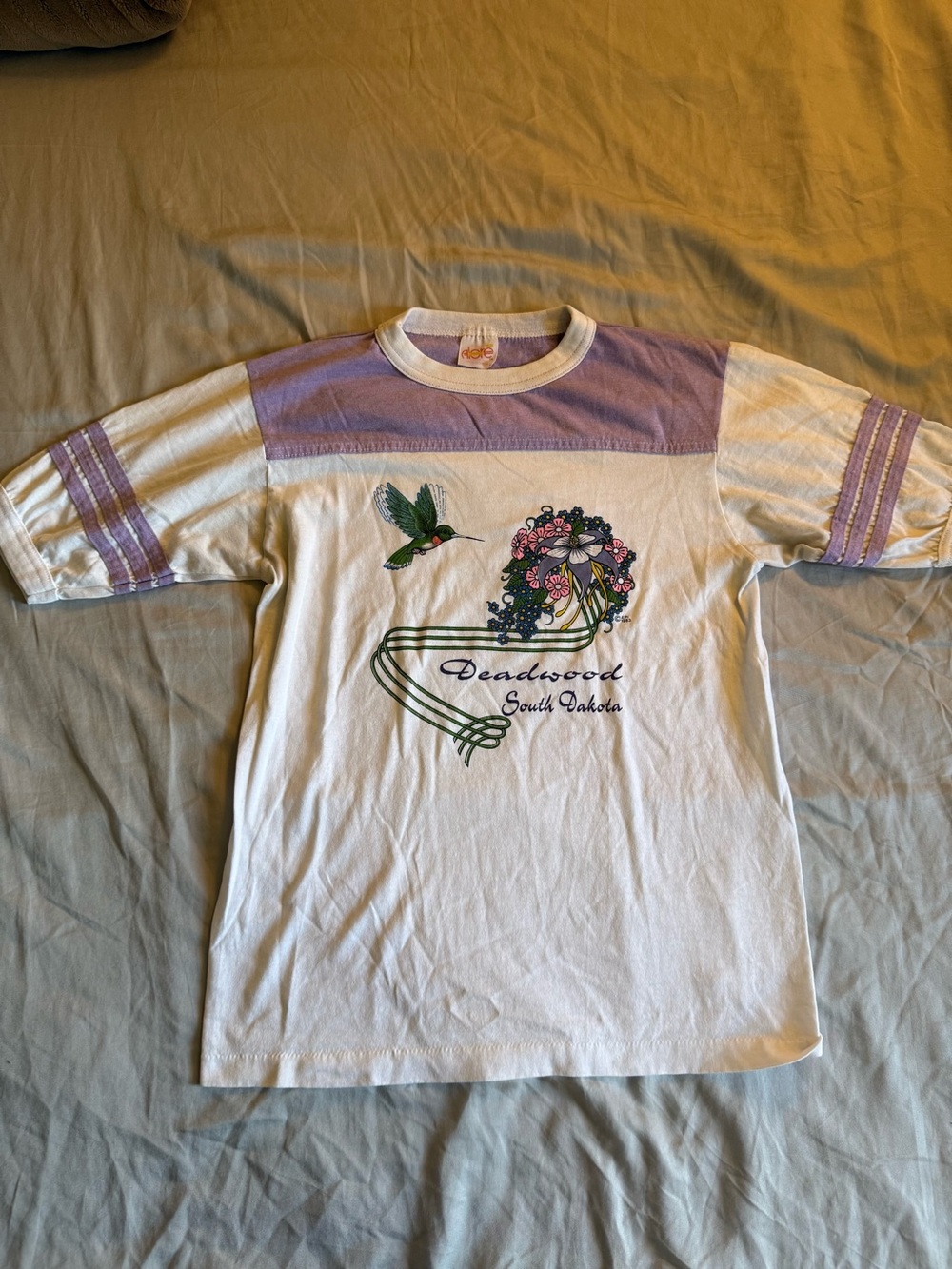 Vintage Deadwood South Dakota White & Lavender Graphic Ringer Tee